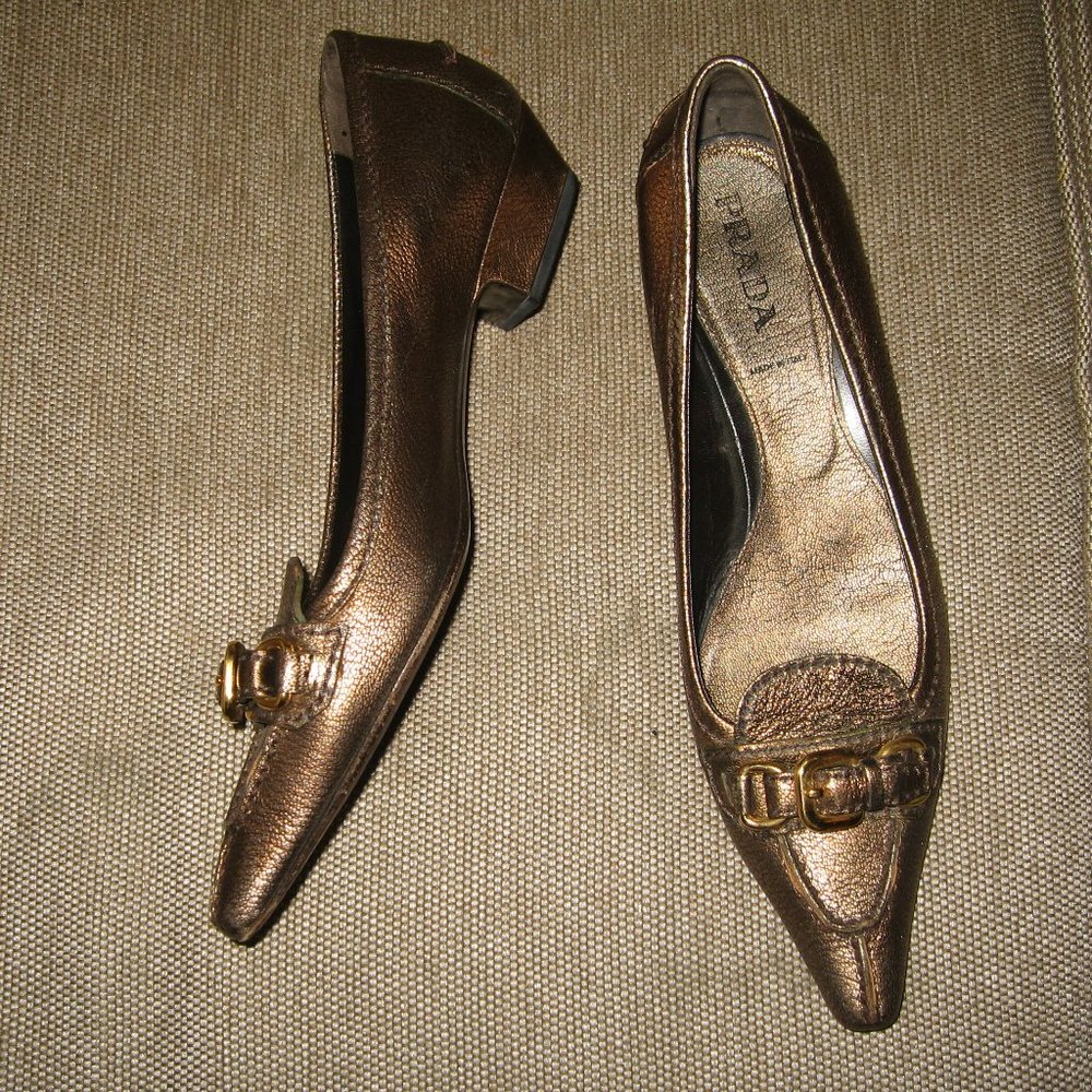 ❤️PRADA BRONZE METALLIC LOW HEEL BALLET BUCKLE VAMP SHOES 37 7 - Picture 2 of 8
